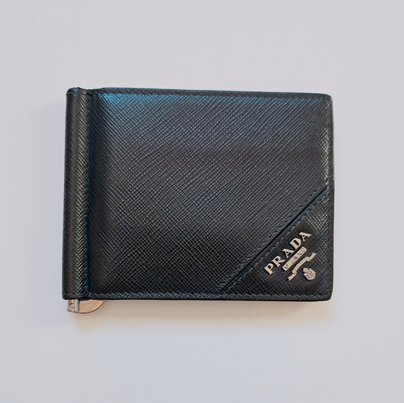PRADA Black Bifold Credit Card Money Clip Wallet With Logo. - Picture 3 of 11